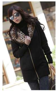 Women Bevel Zip Leopard Hoodie Long Fleece Sweater L577  