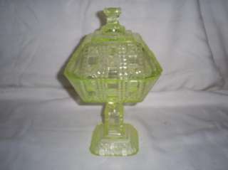 Early Pressed Glass Valencia Waffle Vaseline Covered Footed Compote 