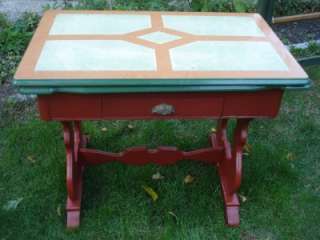 ENAMEL TABLE 2 POP UP LEAFS GRANNY APPLE GREEN TOP & BARN RED WOODEN 