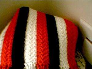 Crochet afghan lap robe throw red white black stripe  