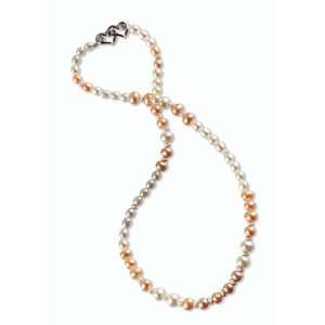 Peach & Cream Cultured Pearl Strand Necklace w. Double Heart Shaped 