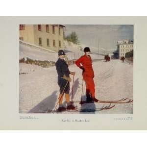  1929 Women Skiing Switzerland Cross Country Color Print 