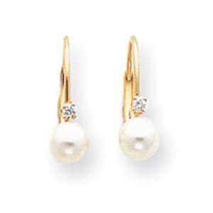  14k Gold 5mm Pearl AA Diamond Leverback Earring Jewelry