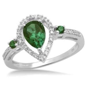 10k White Gold Pear Shape and Round Created Emerald Diamond Ring (1/12 