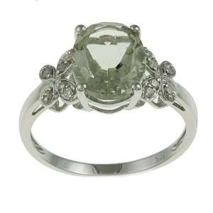 10k White Gold Oval Green Amethyst and Diamond Ring (1/10 TDW)   size 