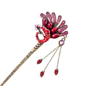   Rhinestone Antique Brass Hair Stick Peacock with Tassels Red Beauty