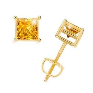Princess Cut 14K Yellow Gold Stud Earrings with Orange Yellow Diamond 