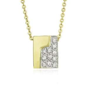    14K Yellow Gold Polished & Diamond Studded Square Necklace Jewelry