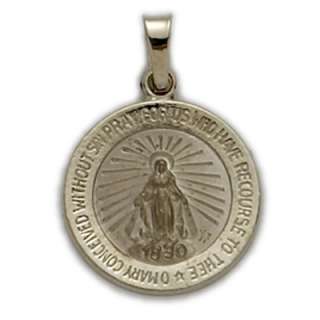 St. 14K White Gold Miraculous Medal Pendant Virgin Mary  