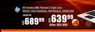   AMD Phenom II Triple Core N830(2.1GHz)NoteBook, 4GB Memory, 500GB HDD