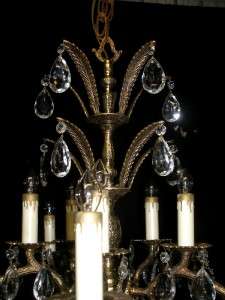 Stunning Antique Brass 5 Arm 10 Light Chandelier w/Prisms Refurbished 