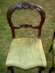 ANTIQUE ROSEWOOD DINING CHAIRS CARVED GRAPE LIME VELVET  