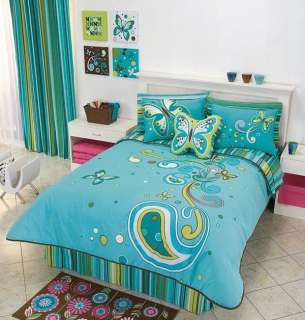 Teens Girls Aqua Butterfly Comforter Bedding Set Full  