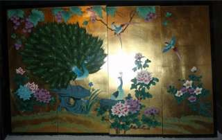 Chinese Asian Peacock Nature Scene 4 Panel Custom Painted Gold Wood 