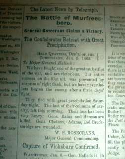 1863 Civil War newspaper BATTLE of MURFREESBORO Tennessee UNIONGeneral 