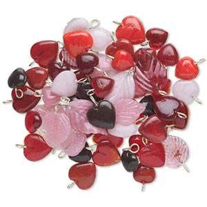 GLASS DROP MIX ~ HEARTS + LEAVES w/Brass Loop RED +PINK  