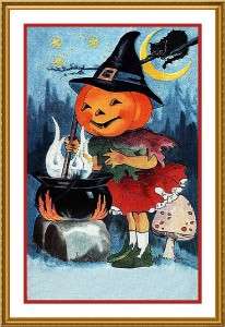 Victorian Halloween #15 Pumpkin Girl Counted Cross Stitch Chart  