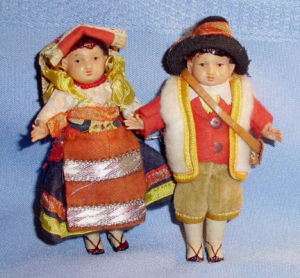 Pair antique Celluloid Dollhouse size DOLL in Foreign Costume  
