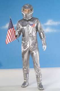 costume includes silver jumpsuit with american flag emblem boot covers 