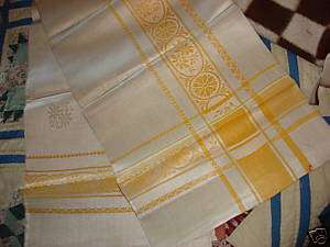 Antique LINEN ECRU/GOLD DAMASK TABLECLOTH  