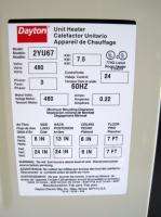 Dayton 2YU67 UNIT HEATER, ELECTRIC, GARAGE, SHOP, 480V 3P 7.5 kW NEW 