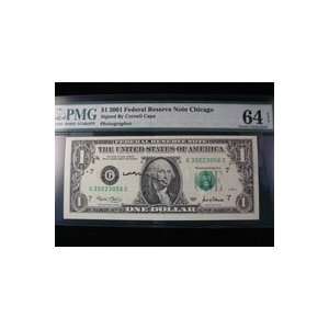  Signed Capa, Cornell $1 2001 Federal Reserve Note Chicago 