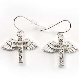  Crystal Cross And Wings Drop Earrings Jewelry