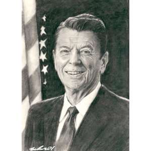  Ronald Reagan Portrait Charcoal Drawing Matted 16 X 20 