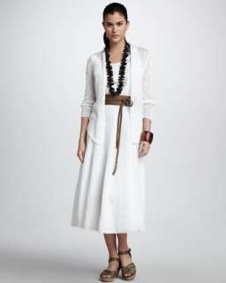 Knit Open Cardigan, Linen Maxi Dress & Shimmery Striped Scarf, Womens