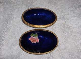 Vintage Cloisonné Enamel Cobalt Blue Glass 2 Pc Trinket Jewelry Box 