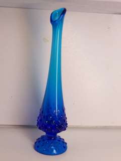 Vintage Fenton Bright Peacock Blue Glass Hobnail Pedestal Stretch Vase