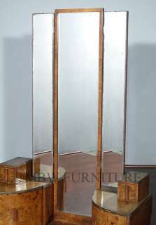 Antique Burl Walnut Art Deco Vanity Chest Dresser w Tri Fold Mirror 
