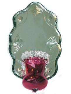 Antique Ruby Red Glass Mirrored Candle Holder Sconce  
