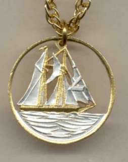 Gold & Silver Cut Cayman Islands 25¢ Sail Boat Necklace with no Bezel 