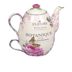  French Garden Flowers Teapot and Cup   Pink Roses and 