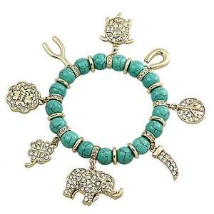  Gold Plated Turquoise Stone Good Luck Charm Stretch Bracelet Jewelry
