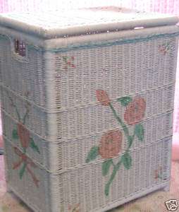 VTG WHITE WICKER HP PINK ROSE CLOTHES LAUNDRY HAMPER  