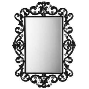 Large Black Lacquered Scroll & Jeweled Wall Mirror  