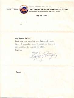 Casey Stengel Signed Letter 1963 . . New Yok Mets . . .  