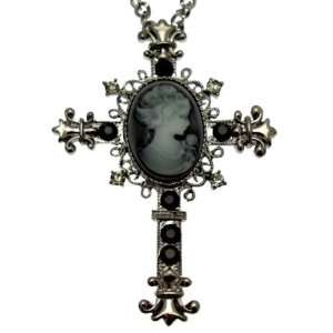   Large Victorian Inspired   Black Crystal Cameo Cross Necklace Jewelry