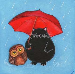 CAT Baby Owl Rain Umbrella Painting Illustration~ANNYA  
