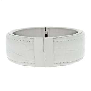   Wide White Leather & Stainless Steel Cuff Bracelet with Magnetic Lock