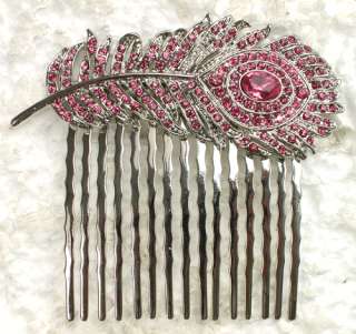 PINK SWAROVSKI CRYSTAL PEACOCK FEATHER HAIR COMB A59  