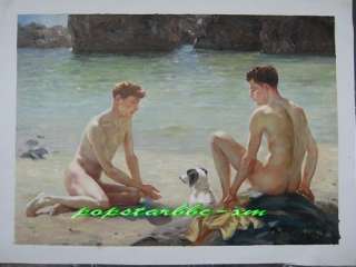 Pintura hecha a mano  dos desnudos masculinos con un perro  por el 