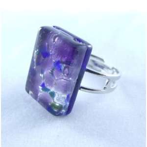   Purple Silver Rectangle Venetian Murano Glass Adjustable Ring Jewelry