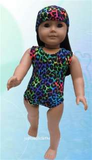Doll Clothes Swim Suit +Cap Leopard Rainbow Print Fits American Girl 