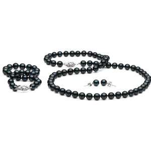 Black Akoya Pearl 3 Piece Jewelry Set 6.0 6.5mm   16 Inches   Choker 
