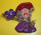 vintage jewelry red hat society ceramic brooch old lady gray
