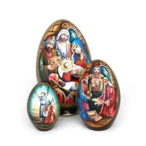    3 pc Nesting Wooden Hand Painted Nativity Egg