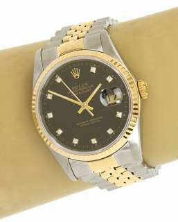 ROLEX OYSTER PERPETUAL DATEJUST 2 TONE 18K/SS WATCH BLACK DIAMOND DIAL 